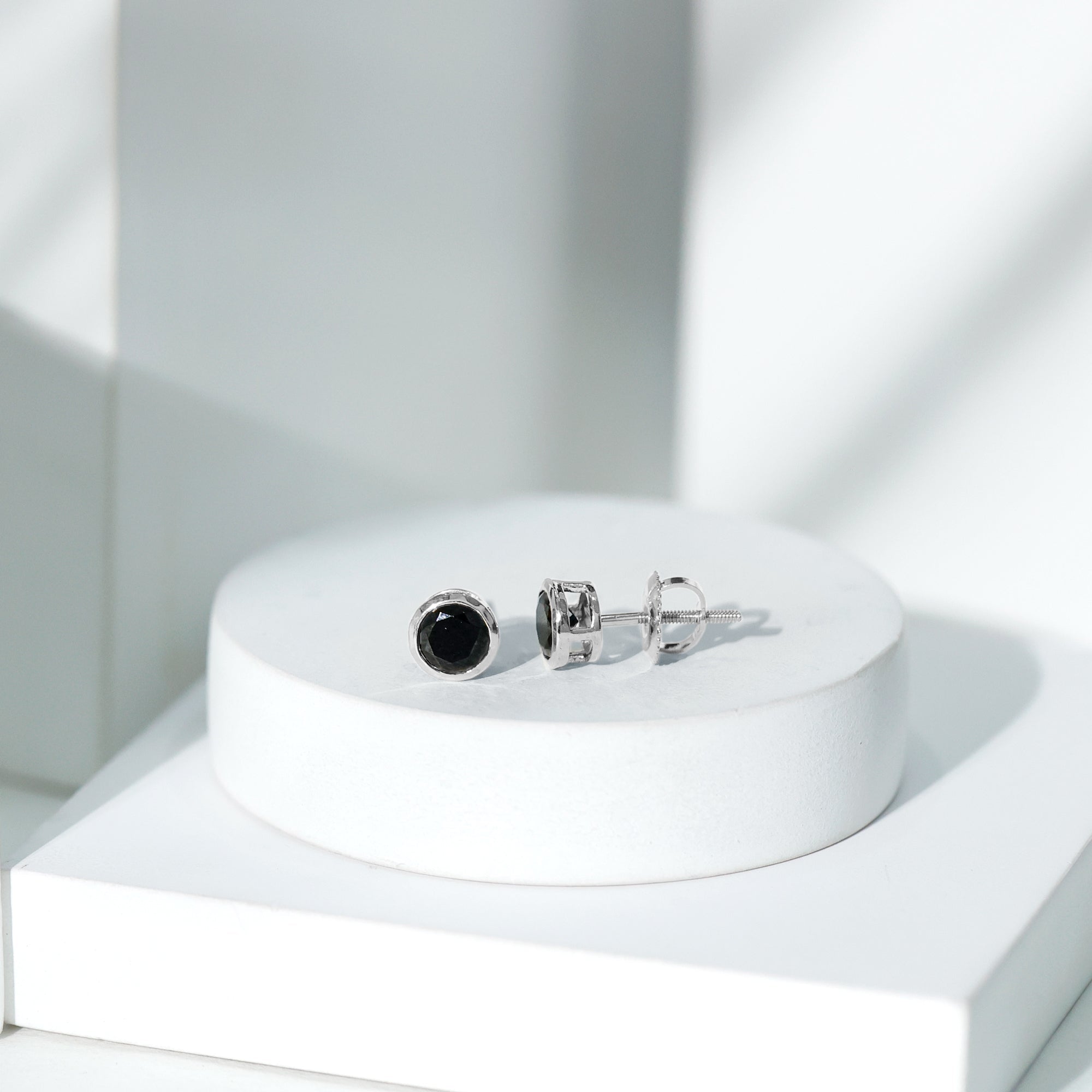 1.6 Carat Created Black Diamond Solitaire Stud Earring in Bezel Setting