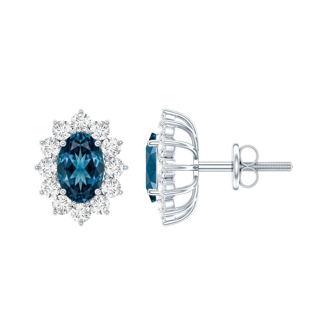 1.6 Carat Oval London Blue Topaz Stud Earrings with Diamond Halo