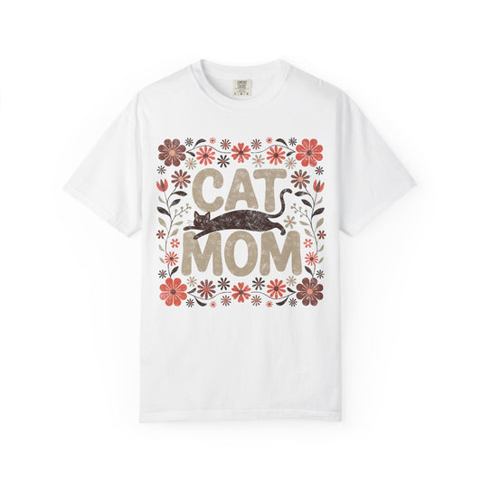 Cat Mom Garment-Dyed T-Shirt, Cute Cat Lover Tee, Mother's Day Gift, Pet Parent Apparel, Floral Cat Mom Shirt, Unisex T-Shirt