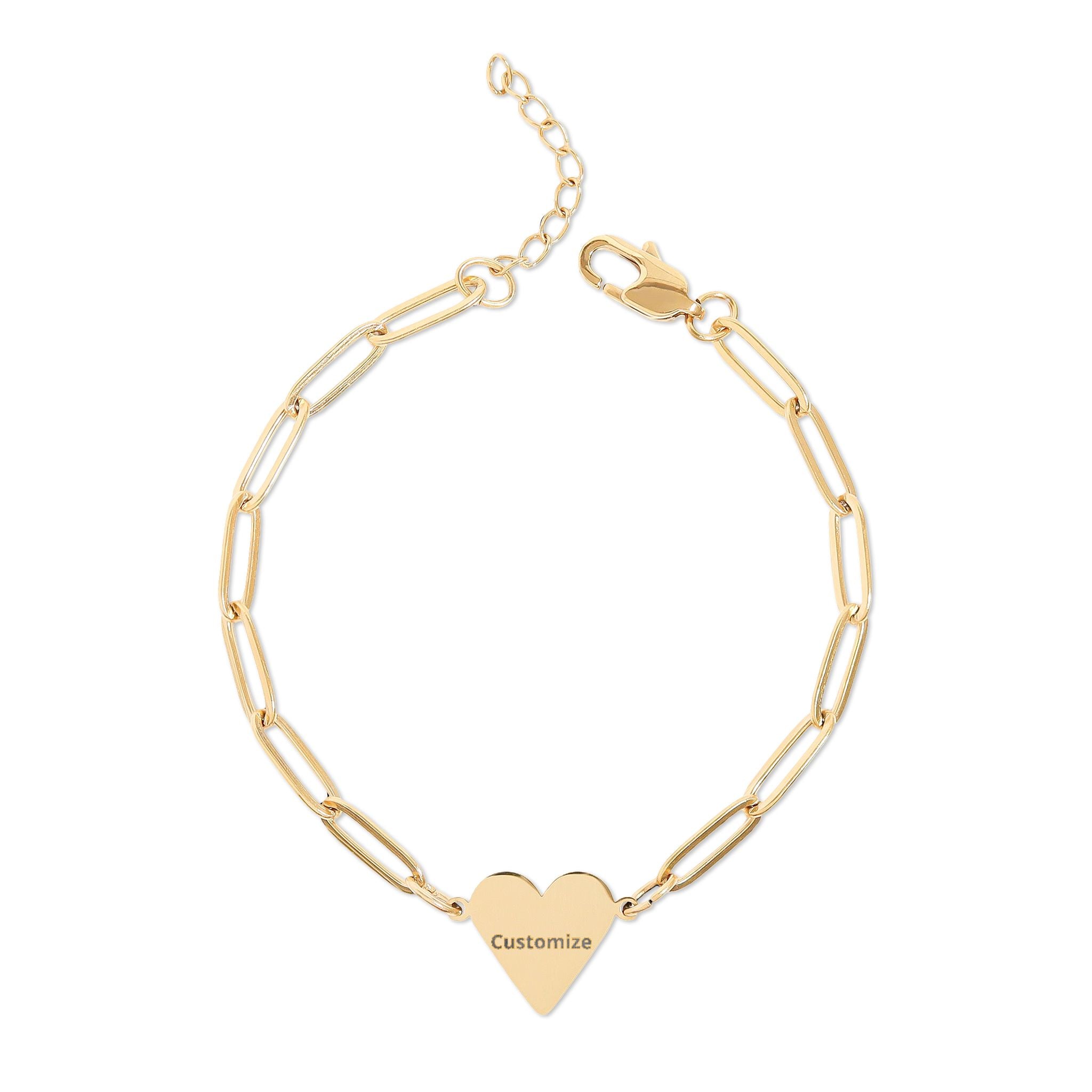 Engraved Heart Bracelet – Adjustable Paperclip Chain Gold Tone Jewelry