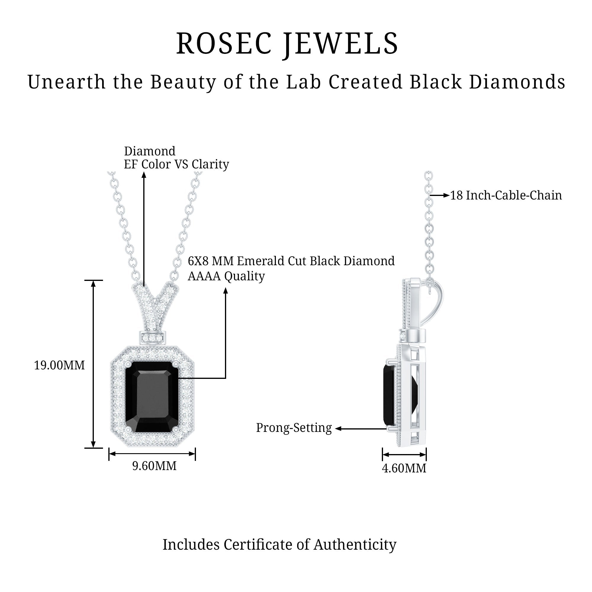 1.68 Carat Emerald Cut Lab Grown Black and White Diamond Vintage Necklace