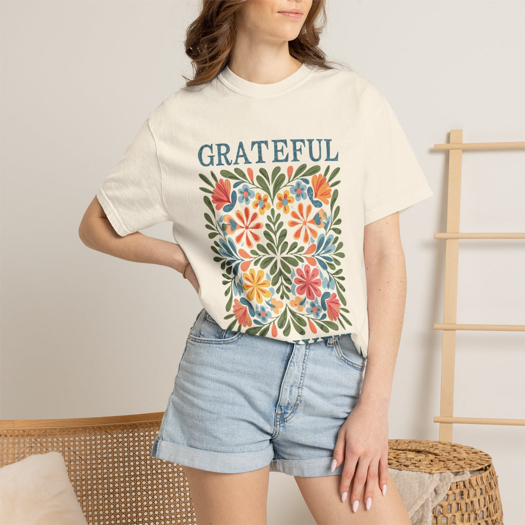 Grateful Thankful Tee - Cozy Fall T-Shirt With Floral Folk Art Design