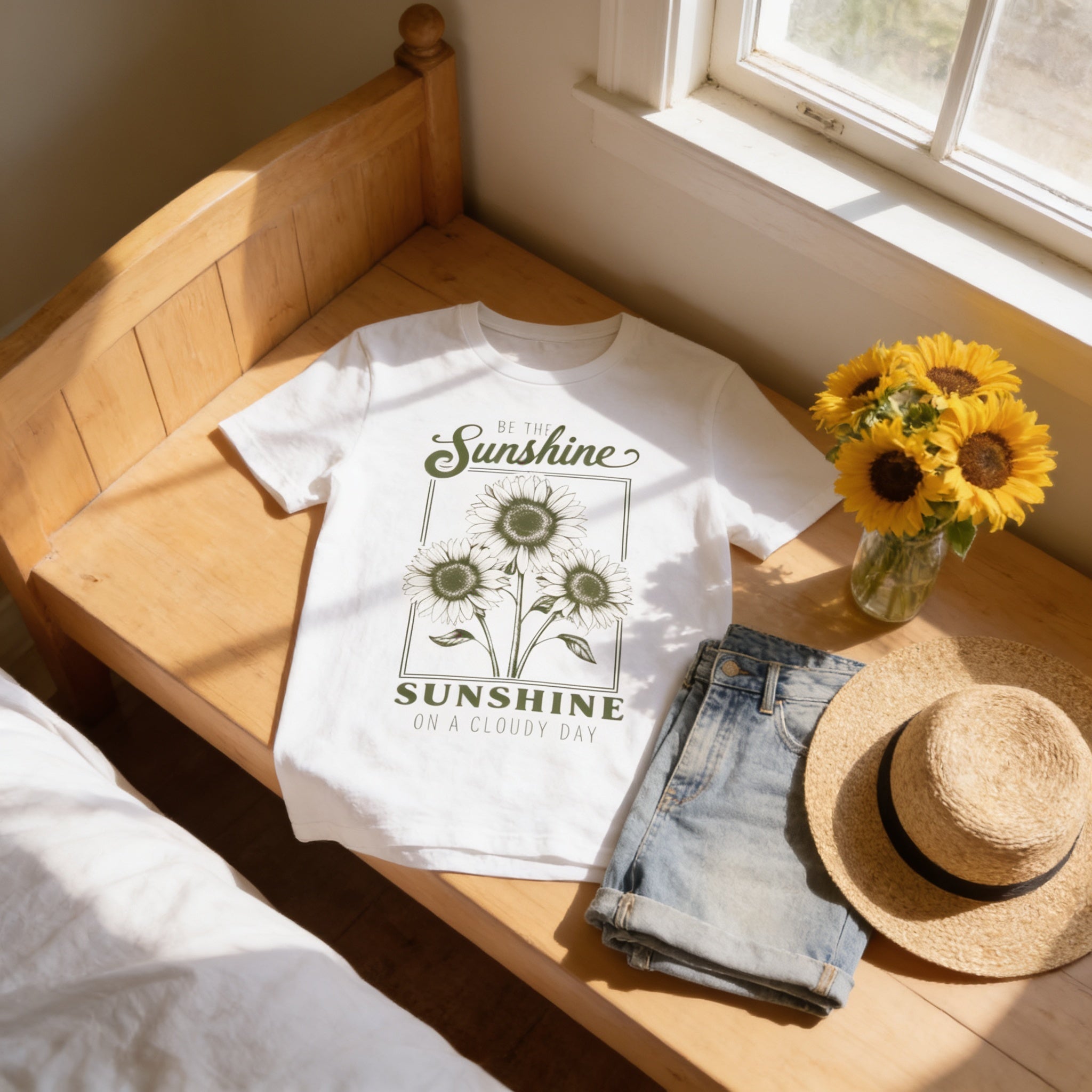 A white t-shirt with a sunflower design and the text "Be the Sunshine on a Cloudy Day" is placed on a wooden table next to a hat, a vase of yellow flowers, and a pair of denim shorts.