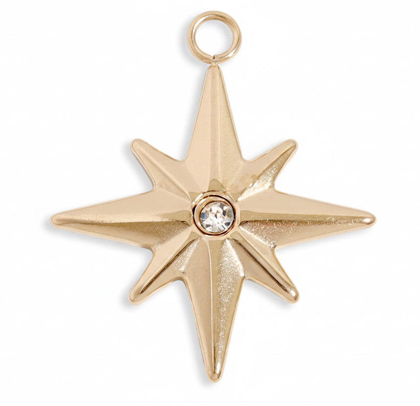 Gold Compass Charm - 18K Gold PVD Stainless Steel CZ Star Pendant Necklace