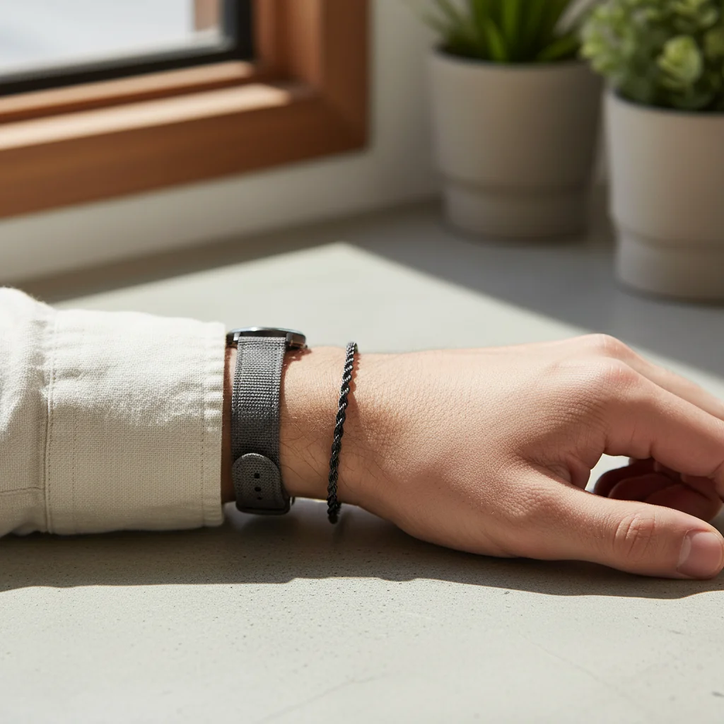 Hand wearing a watch and bracelet on a light surface with plants in the background