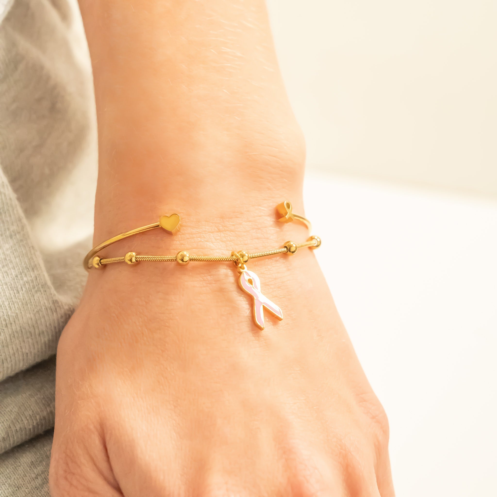 18K Gold Adjustable Bangle – Polished Cancer Awareness Bracelet Gift - Bracelets | Sunflower Soul Boutique