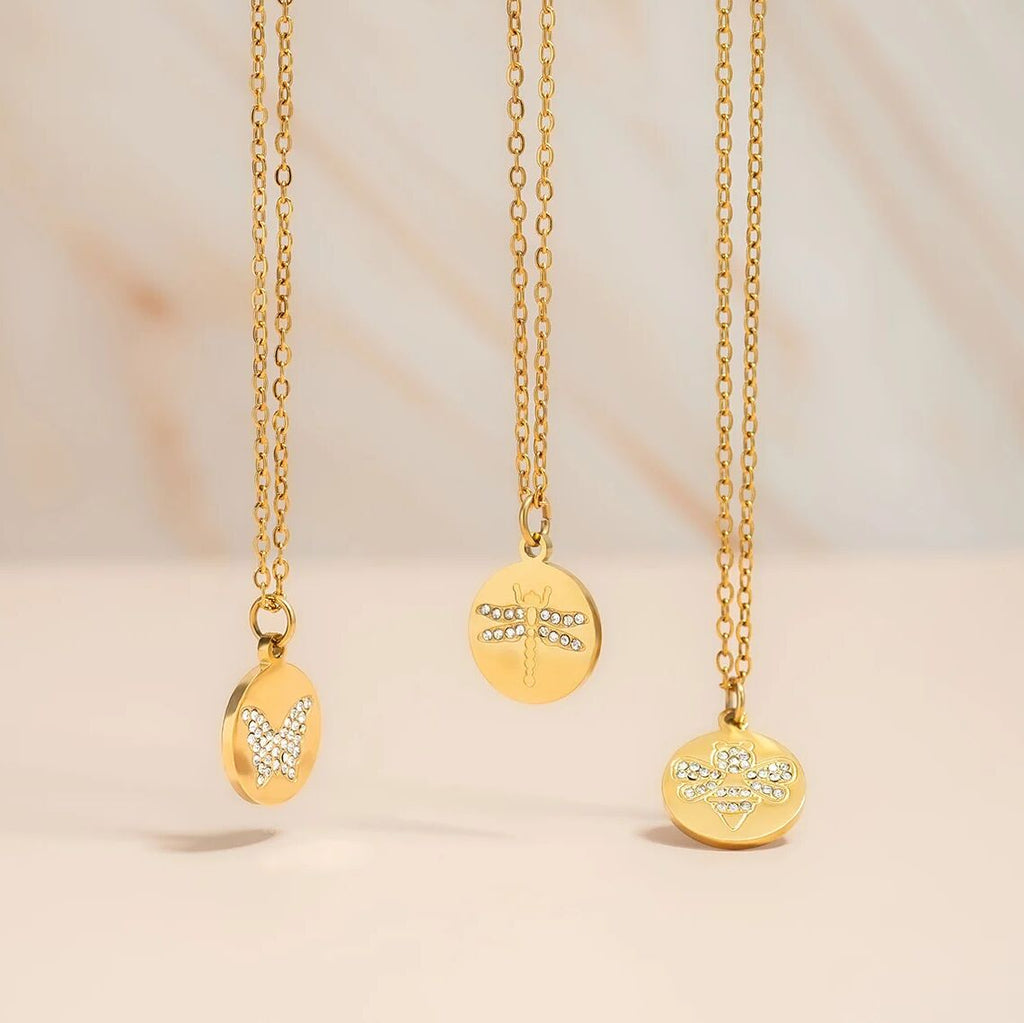 18K Gold Bee Necklace – Stainless Steel Pendant With Stone Embellished Charm - Necklaces | Sunflower Soul Boutique