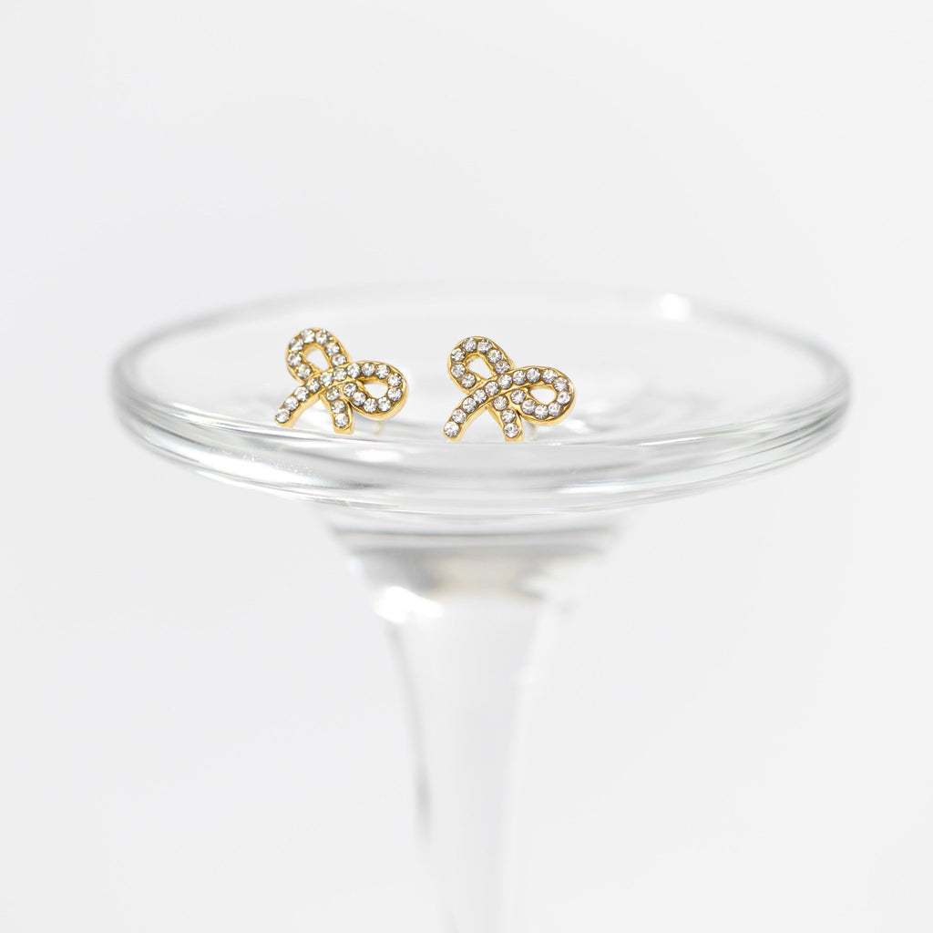 18K Gold Bow Earrings – Lightweight Hypoallergenic Stainless Steel Studs with Stone Accents - Earring | Sunflower Soul Boutique