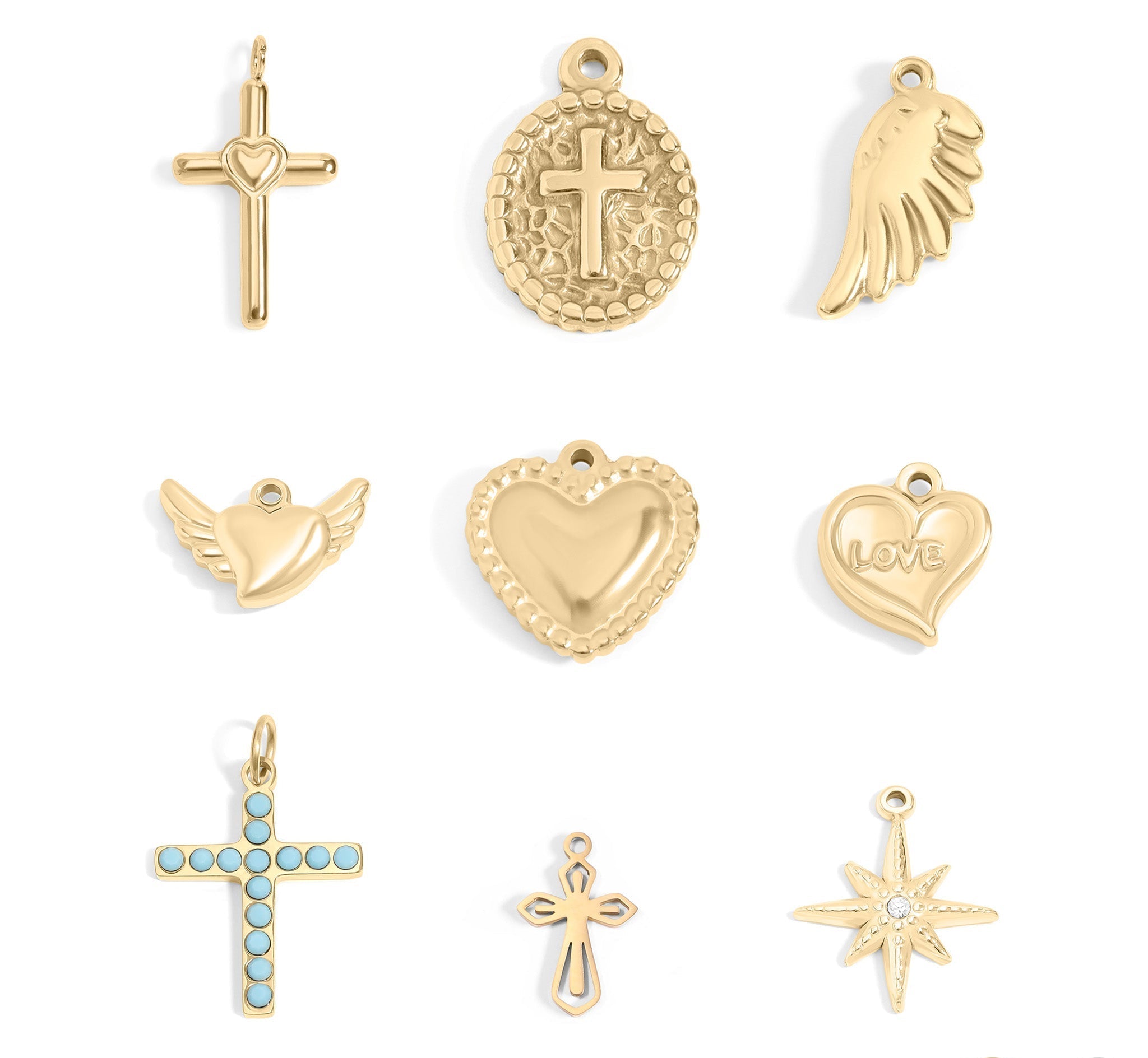 18K Gold Charm Set – Hypoallergenic Jewelry With Faith & Love Pendants, PVD Coated - charm | Sunflower Soul Boutique