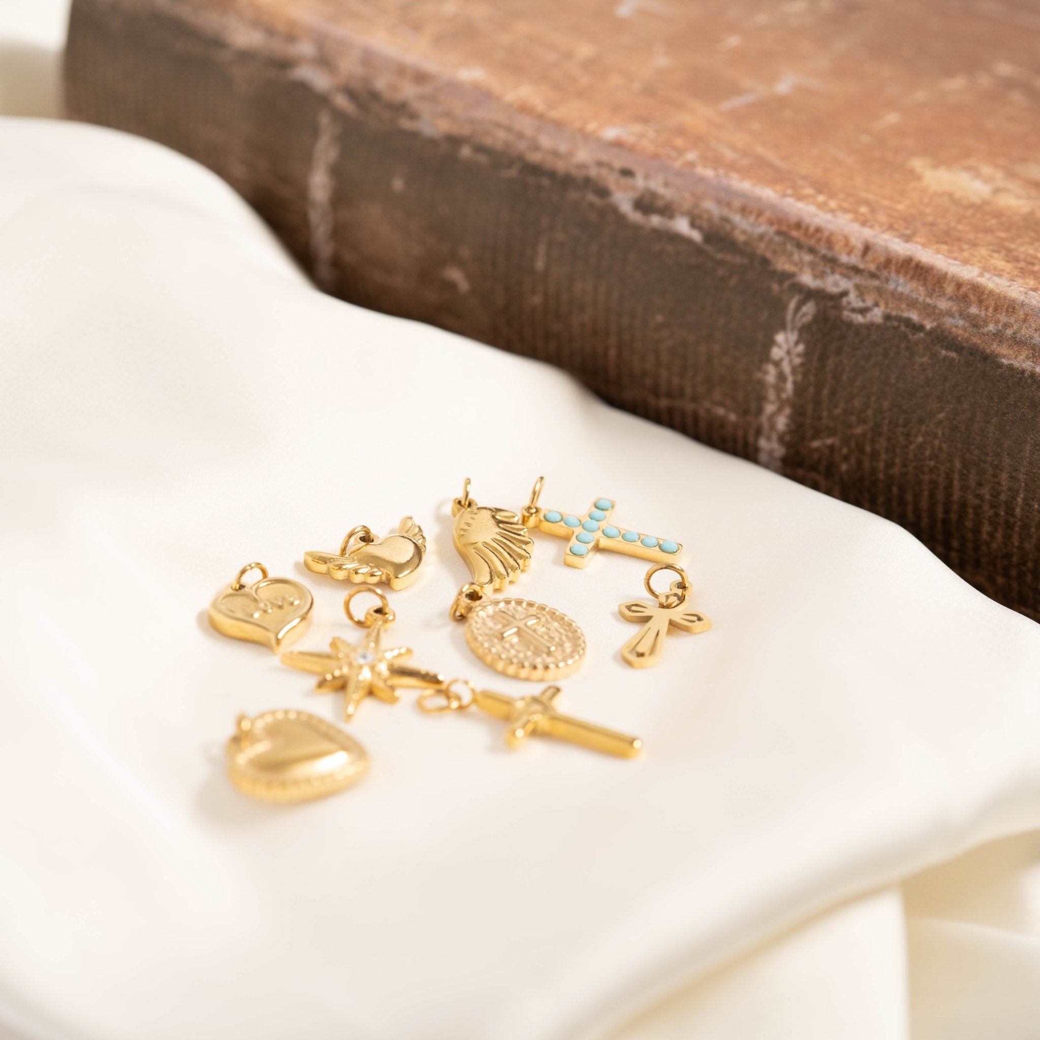 18K Gold Charm Set – Hypoallergenic Jewelry With Faith & Love Pendants, PVD Coated - charm | Sunflower Soul Boutique