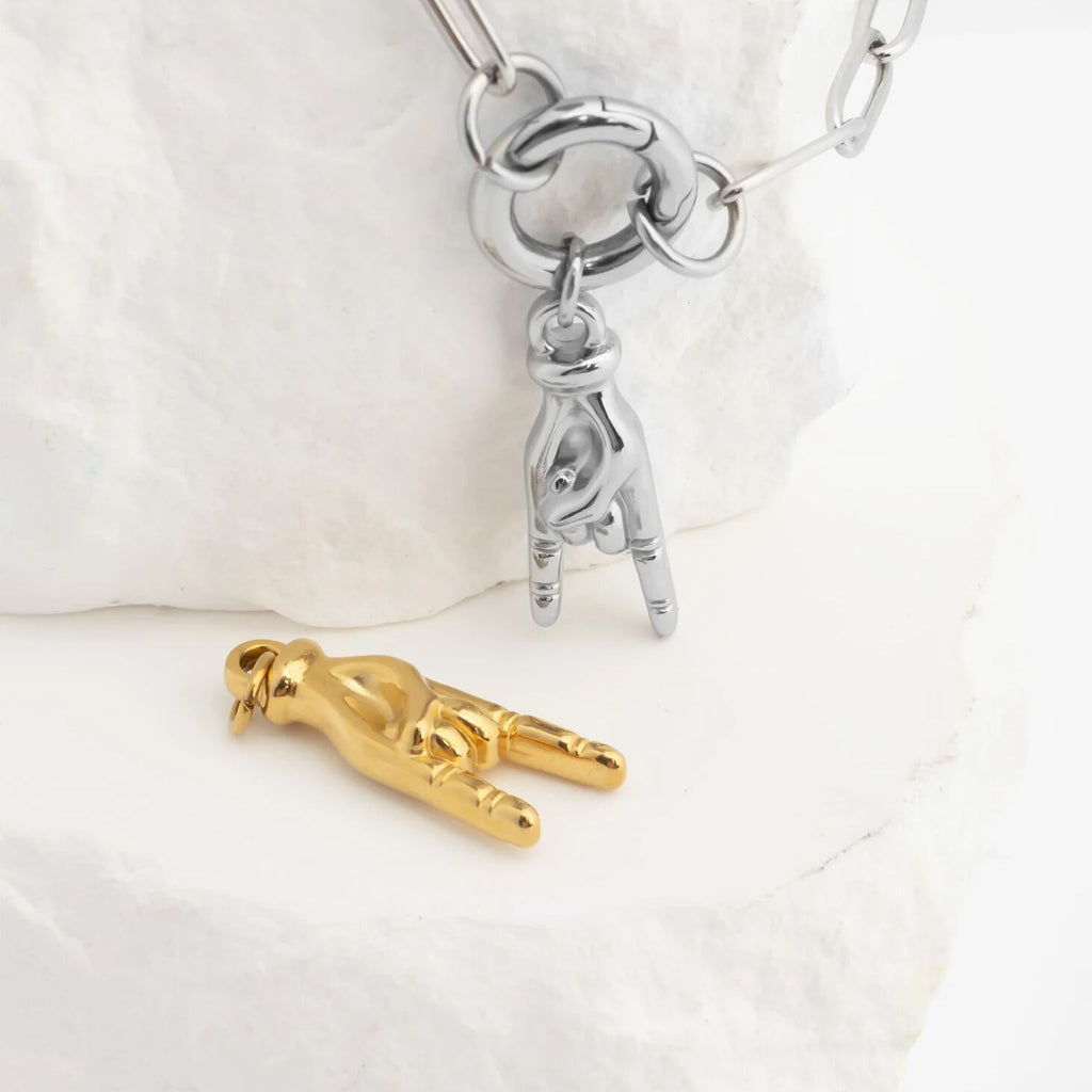18K Gold Charm – Stainless Steel Rock Hand Pendant with Gold PVD Finish - Charms | Sunflower Soul Boutique