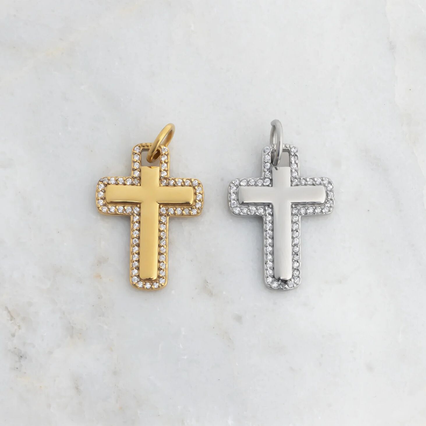 18K Gold Cross Charm – Waterproof Stainless Steel Pendant with Cubic Zirconia Border - Charms | Sunflower Soul Boutique