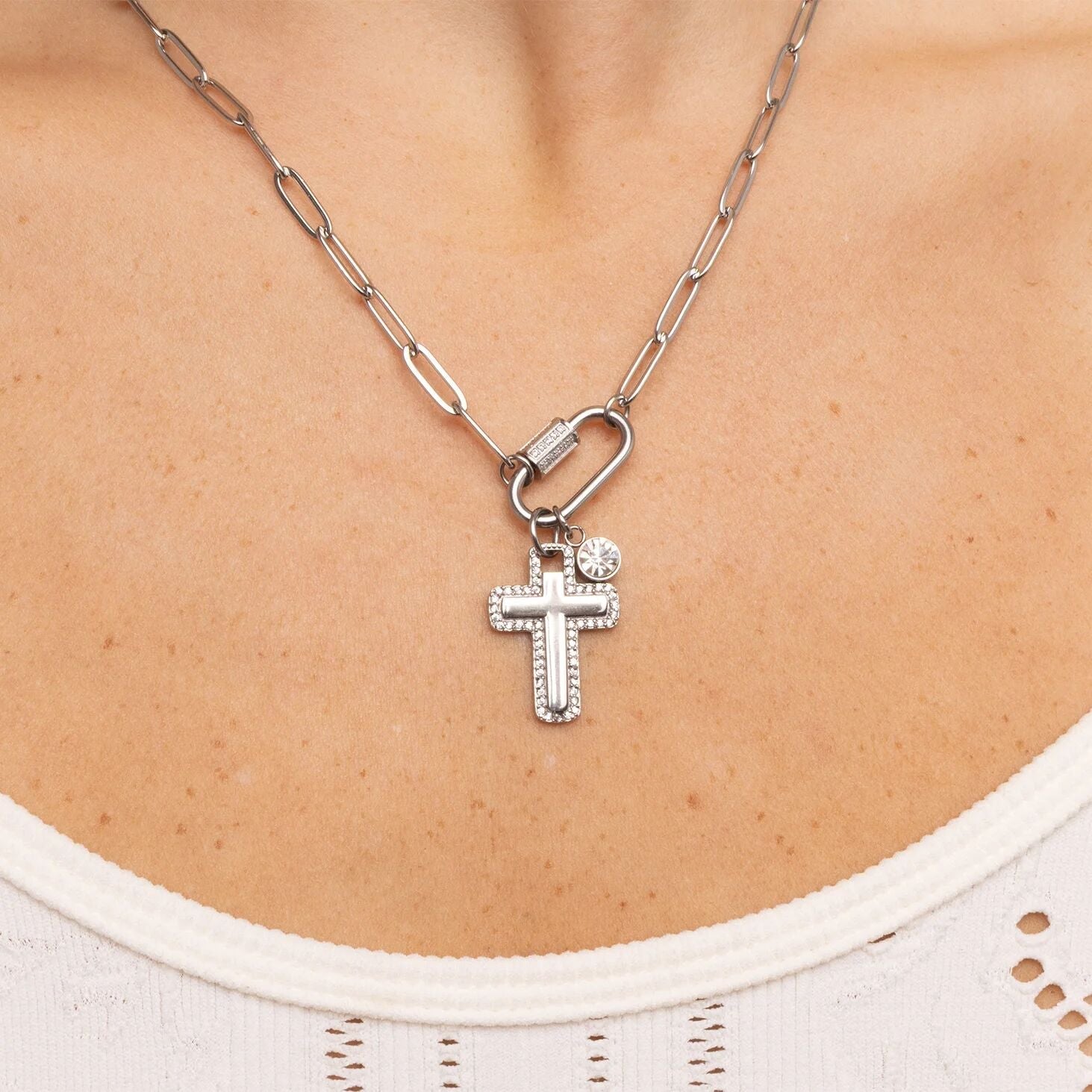 18K Gold Cross Charm – Waterproof Stainless Steel Pendant with Cubic Zirconia Border - Charms | Sunflower Soul Boutique