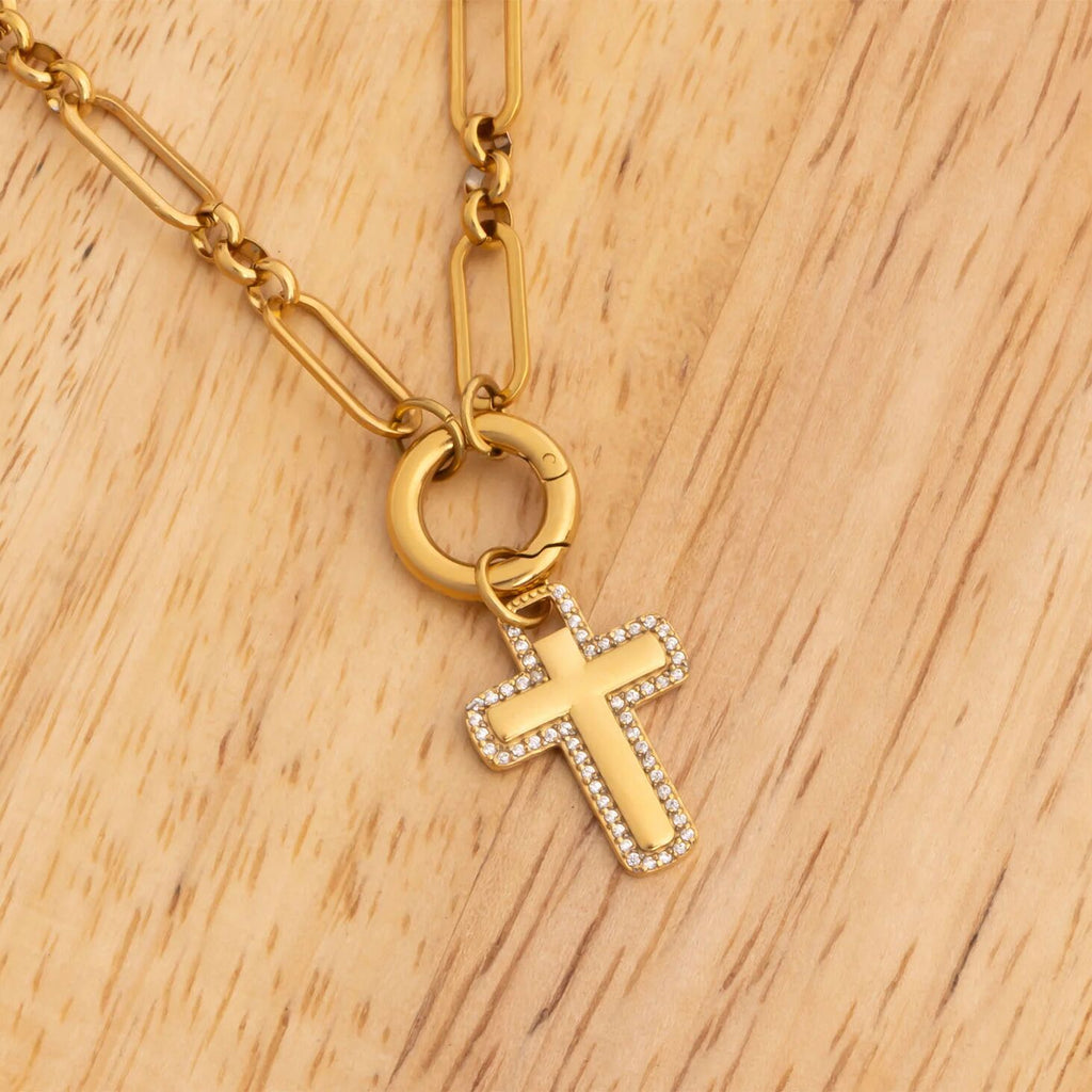 18K Gold Cross Charm – Waterproof Stainless Steel Pendant with Cubic Zirconia Border - Charms | Sunflower Soul Boutique
