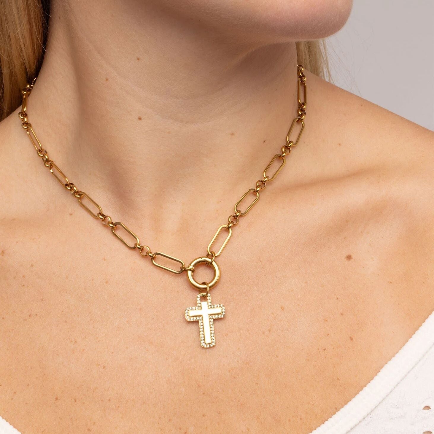 18K Gold Cross Charm – Waterproof Stainless Steel Pendant with Cubic Zirconia Border - Charms | Sunflower Soul Boutique