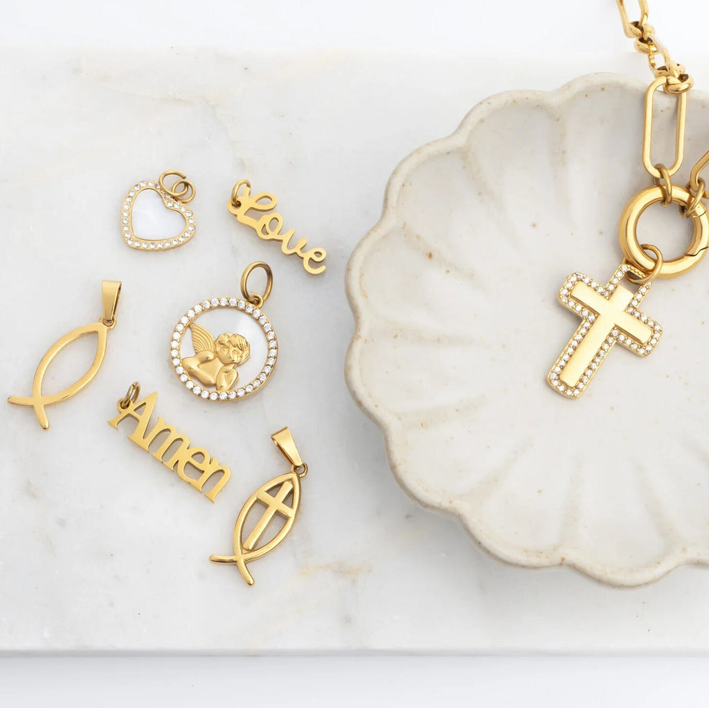 18K Gold Cross Charm – Waterproof Stainless Steel Pendant with Cubic Zirconia Border - Charms | Sunflower Soul Boutique