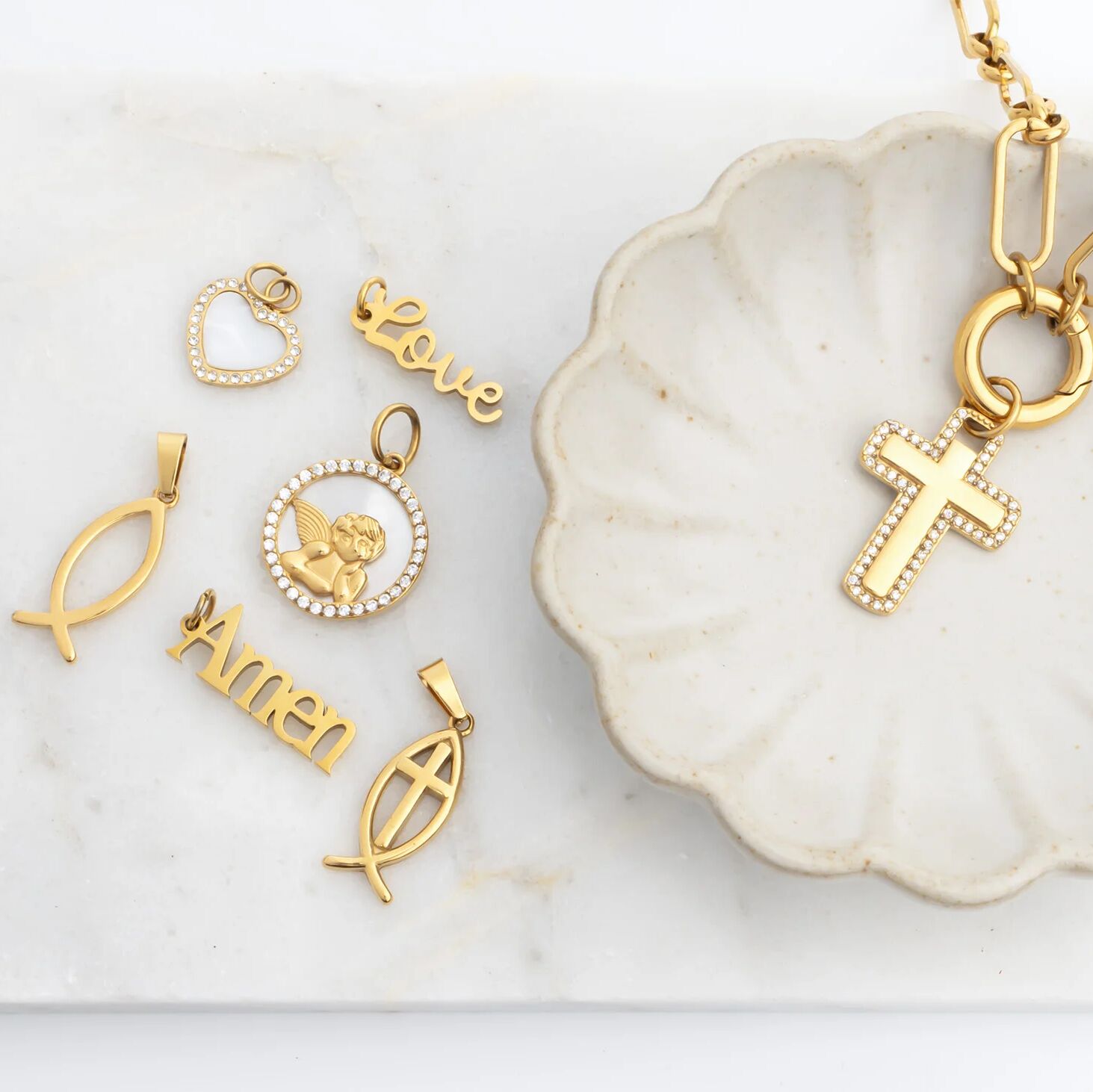 18K Gold Cross Charm – Waterproof Stainless Steel Pendant with Cubic Zirconia Border - Charms | Sunflower Soul Boutique