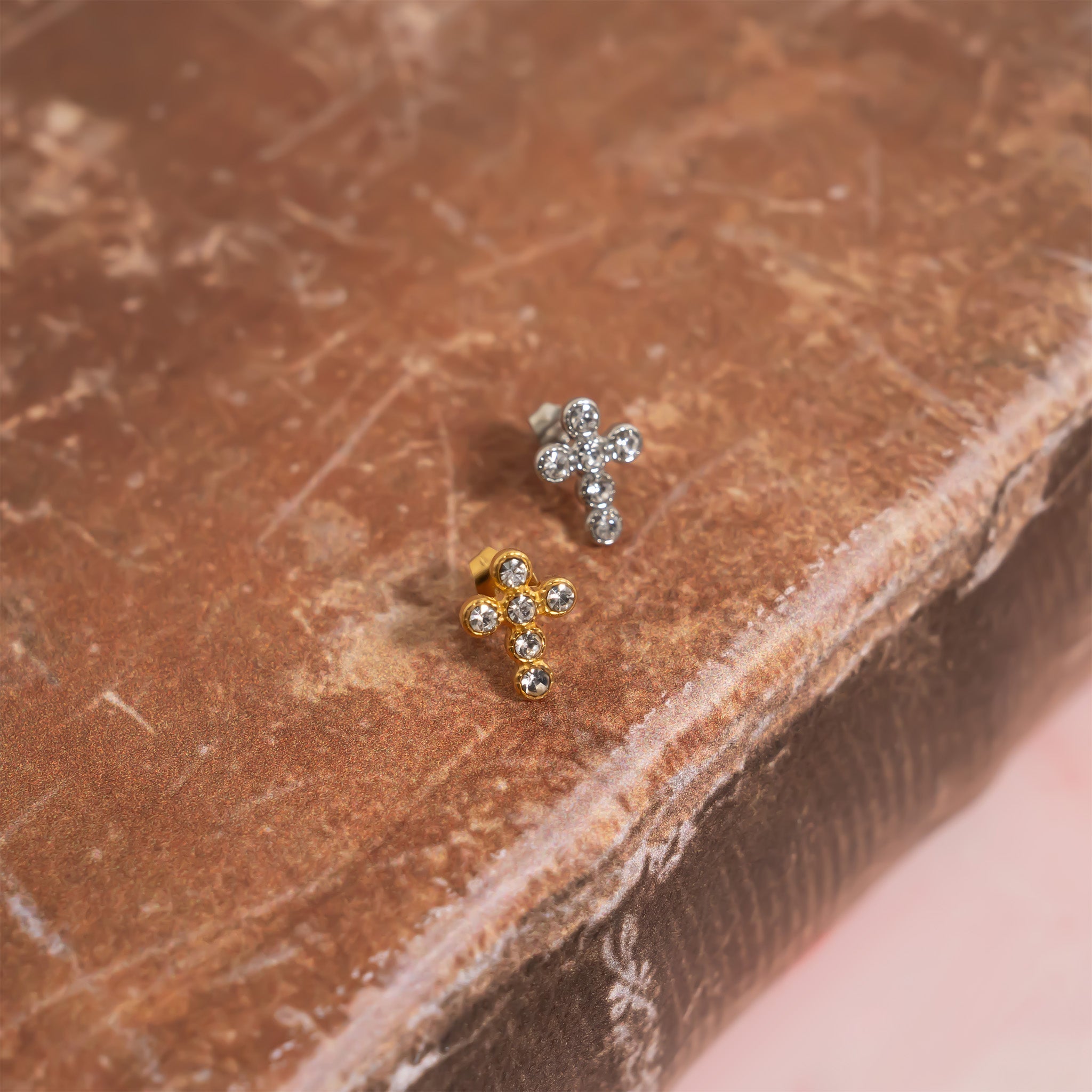 18K Gold Cross Earrings – Hypoallergenic Stainless Steel Studs with Round Stone - Earring | Sunflower Soul Boutique