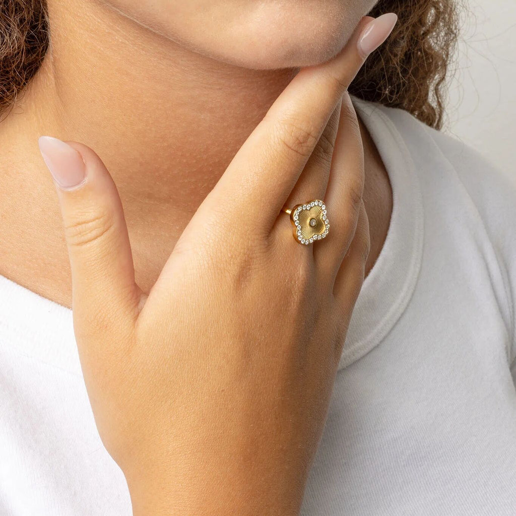 18K Gold Floral Ring – Hand Embossed Stainless Steel Ring With Fade Resistant Coating - Rings | Sunflower Soul Boutique