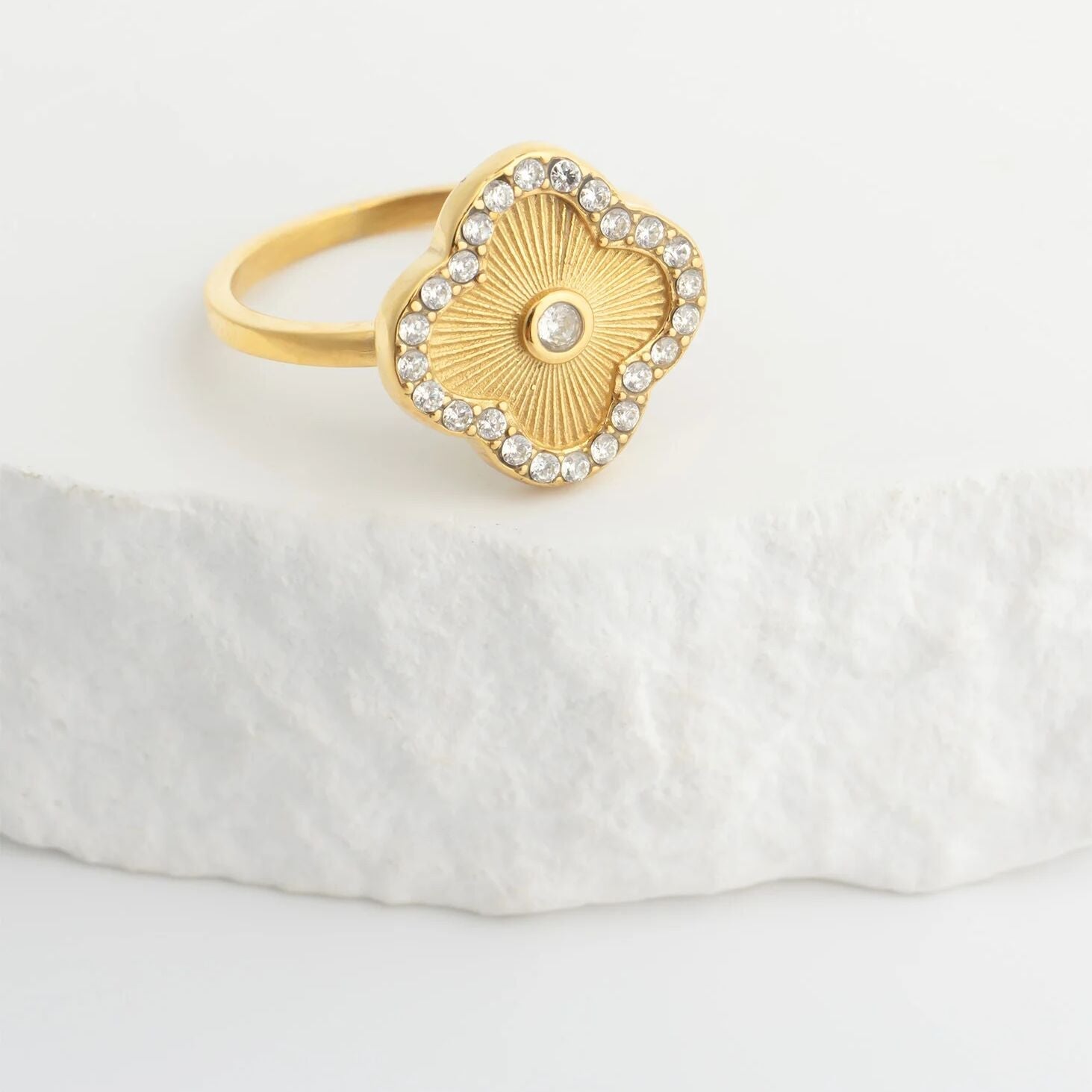 18K Gold Floral Ring – Hand Embossed Stainless Steel Ring With Fade Resistant Coating - Rings | Sunflower Soul Boutique