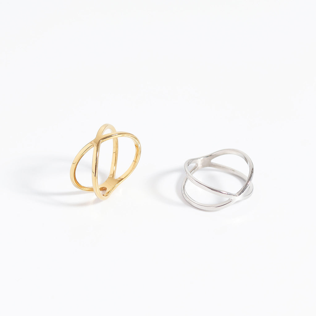 18K Gold Geometric Ring – Modern Criss-Cross Stainless Steel Statement Jewelry - Ring | Sunflower Soul Boutique