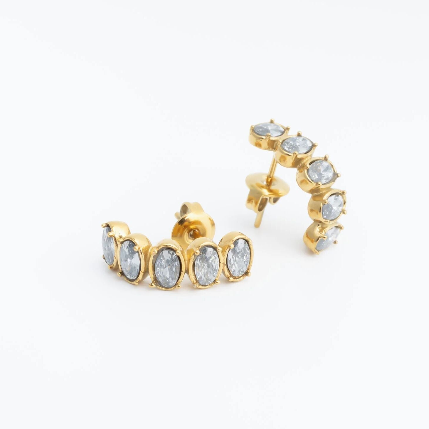 18K Gold Huggie Earrings – Premium Stainless Steel Oval Stone Hoops With Clear Emerald - Earrings | Sunflower Soul Boutique