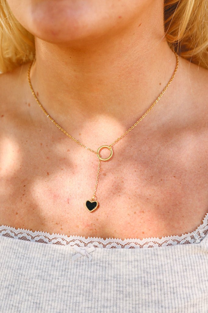 18K Gold Lariat Necklace – Black Heart Pendant | Hypoallergenic Stainless Steel Jewelry - Necklaces | Sunflower Soul Boutique