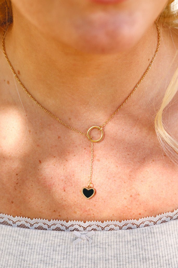 18K Gold Lariat Necklace – Black Heart Pendant | Hypoallergenic Stainless Steel Jewelry - Necklaces | Sunflower Soul Boutique