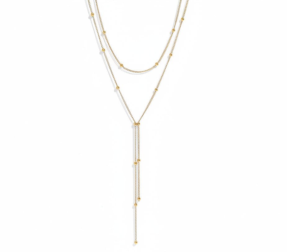 18K Gold Lariat Necklace – Double Ball Layered Stainless Steel Jewelry - Necklaces | Sunflower Soul Boutique