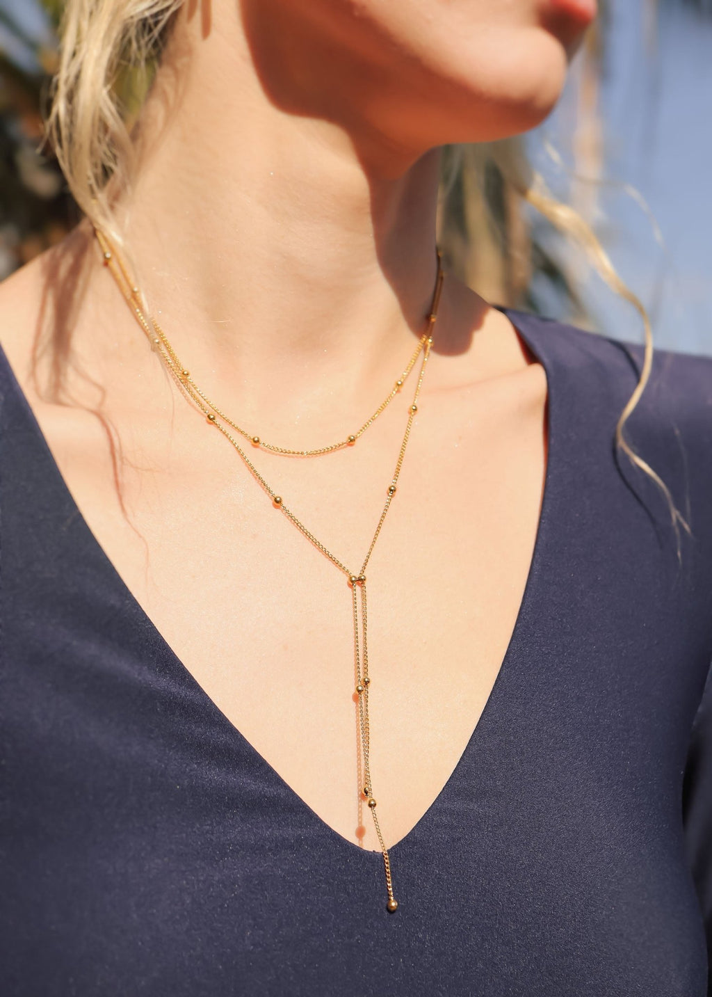 18K Gold Lariat Necklace – Double Ball Layered Stainless Steel Jewelry - Necklaces | Sunflower Soul Boutique