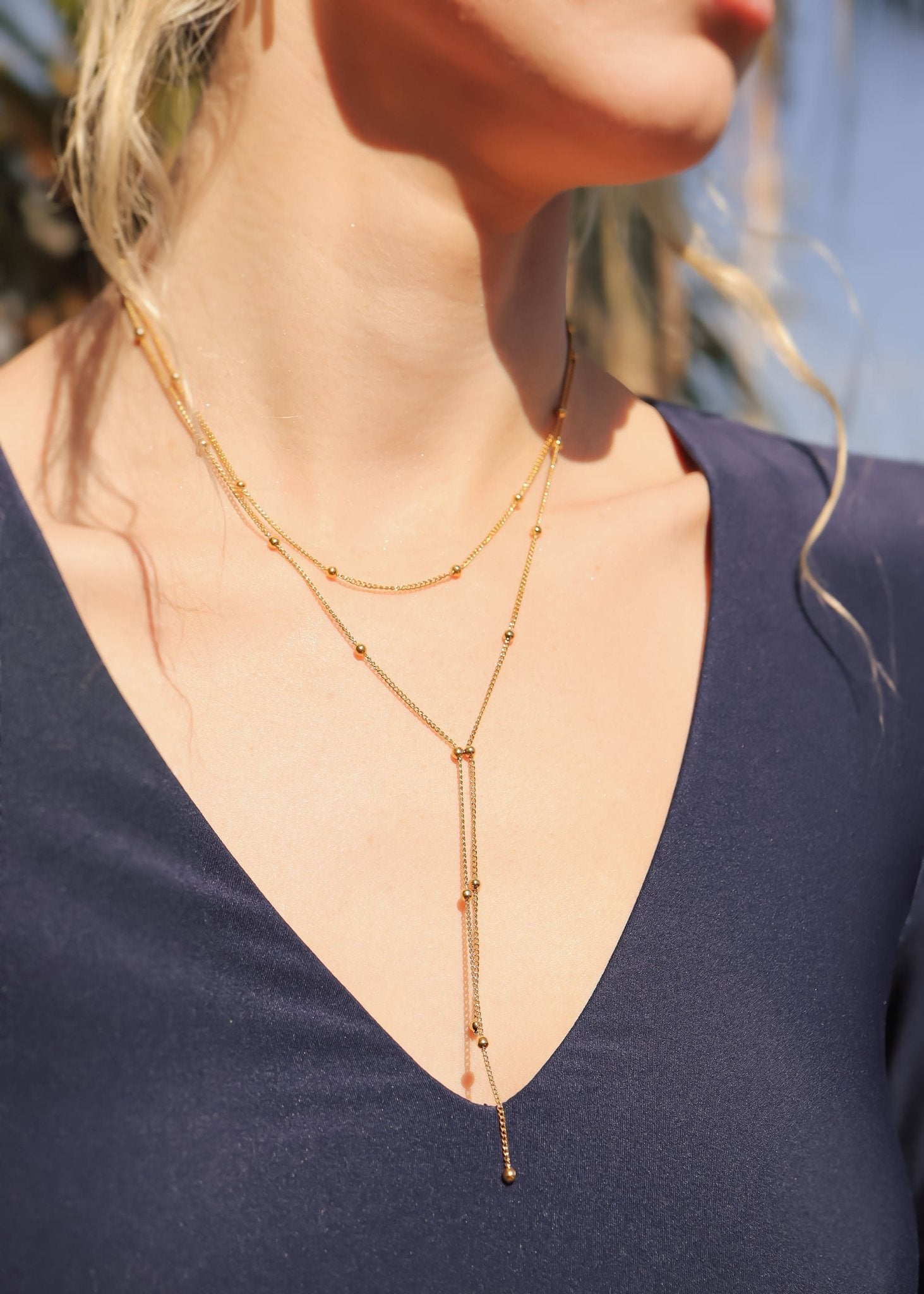 18K Gold Lariat Necklace – Double Ball Layered Stainless Steel Jewelry - Necklaces | Sunflower Soul Boutique