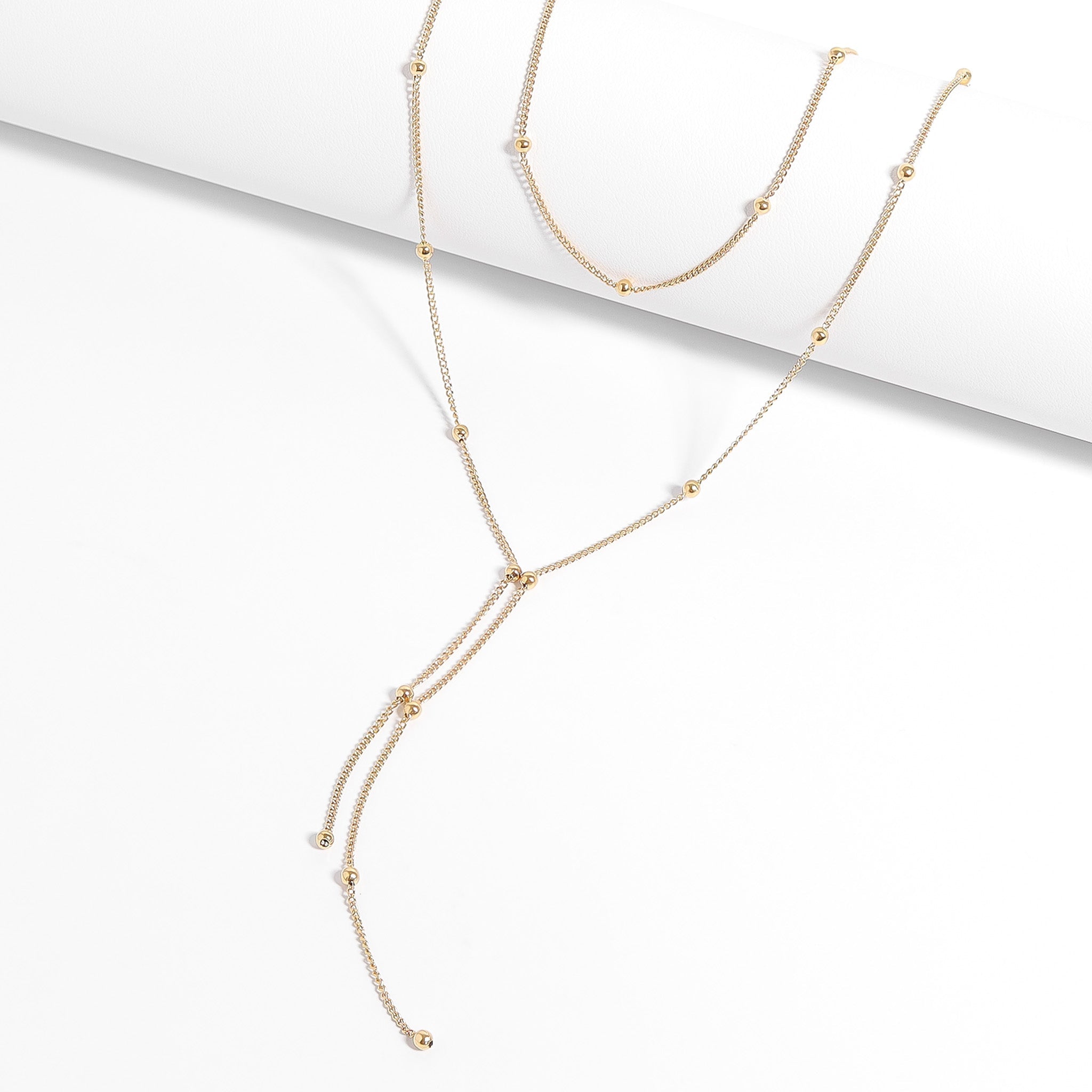 18K Gold Lariat Necklace – Double Ball Layered Stainless Steel Jewelry - Necklaces | Sunflower Soul Boutique
