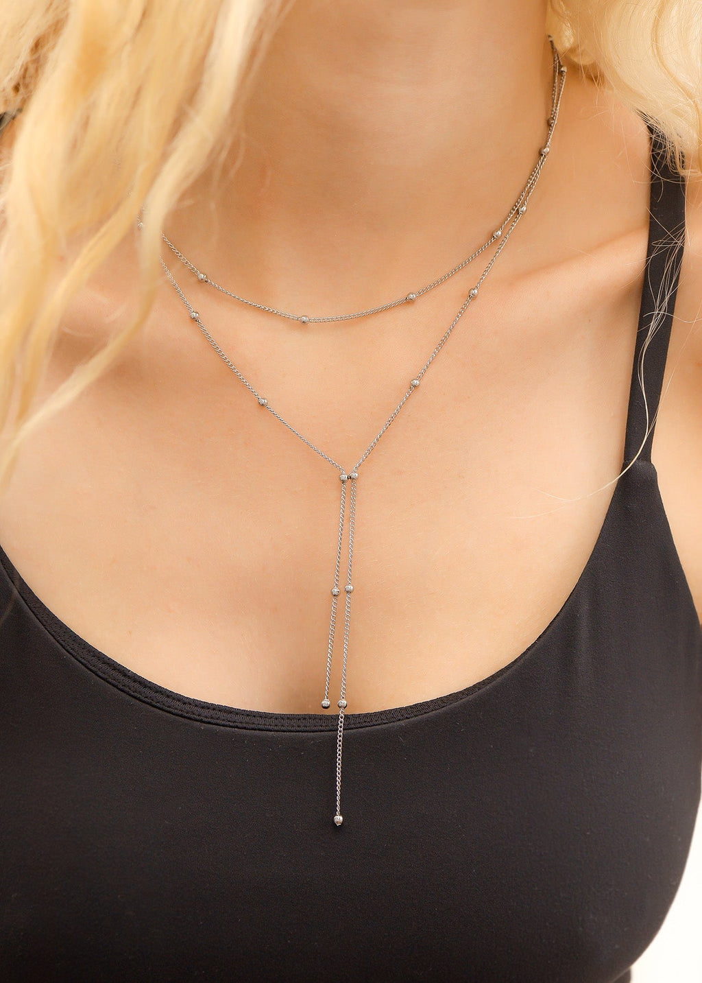 18K Gold Lariat Necklace – Double Ball Layered Stainless Steel Jewelry - Necklaces | Sunflower Soul Boutique