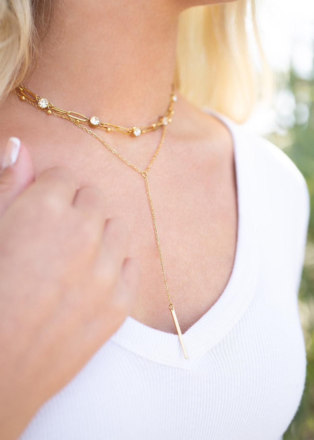 18K Gold Lariat Necklace – Layered Drop Bar Stainless Steel Hypoallergenic Jewelry - Necklaces | Sunflower Soul Boutique