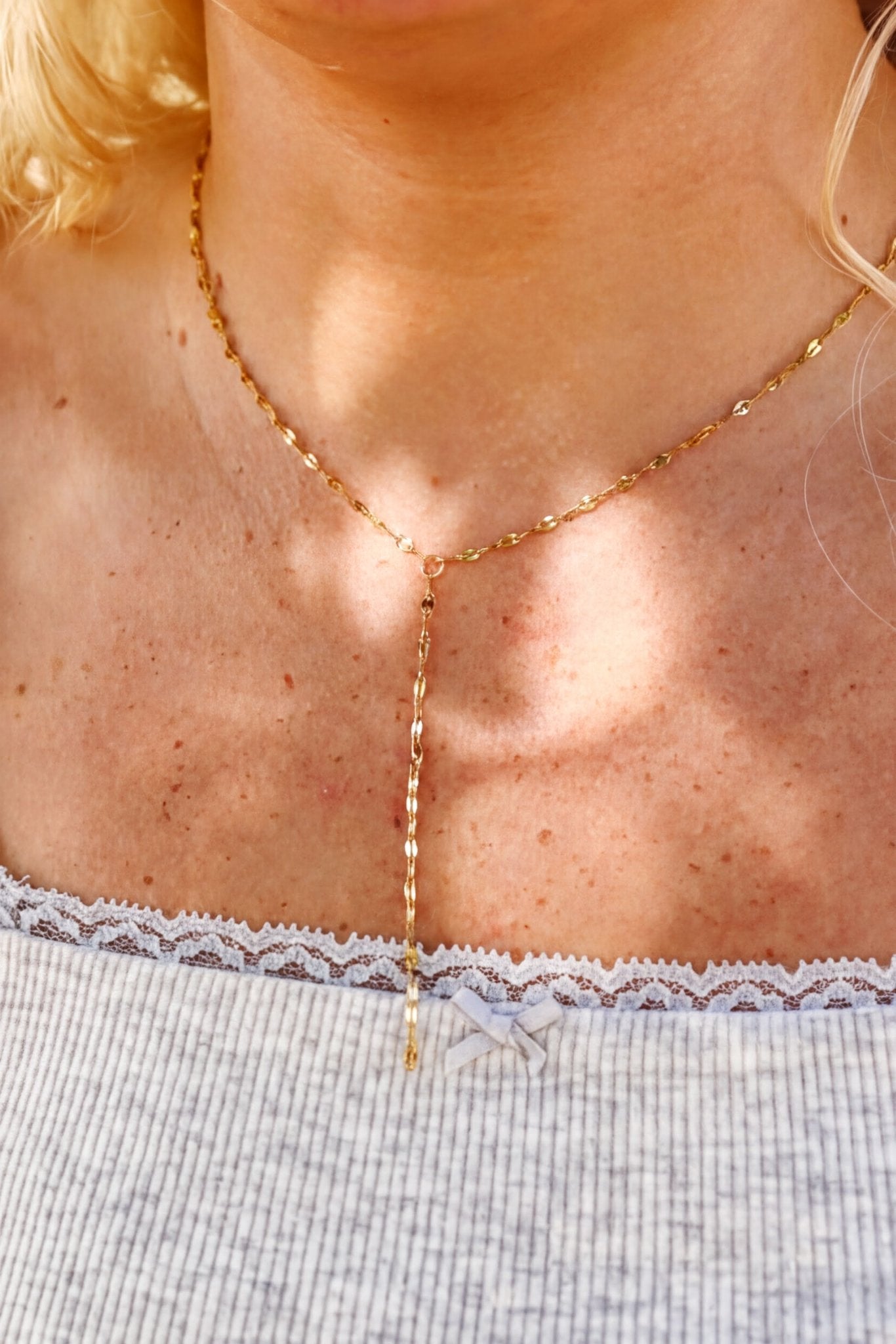 18K Gold Lariat Necklace – Lightweight Stainless Steel Singapore Chain With Drop Pendant - Chain | Sunflower Soul Boutique