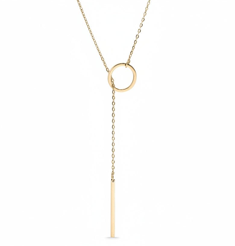 18K Gold Lariat Necklace – Minimalist Circle Pendant with Drop Bar Chain 18 Inch - Necklaces | Sunflower Soul Boutique