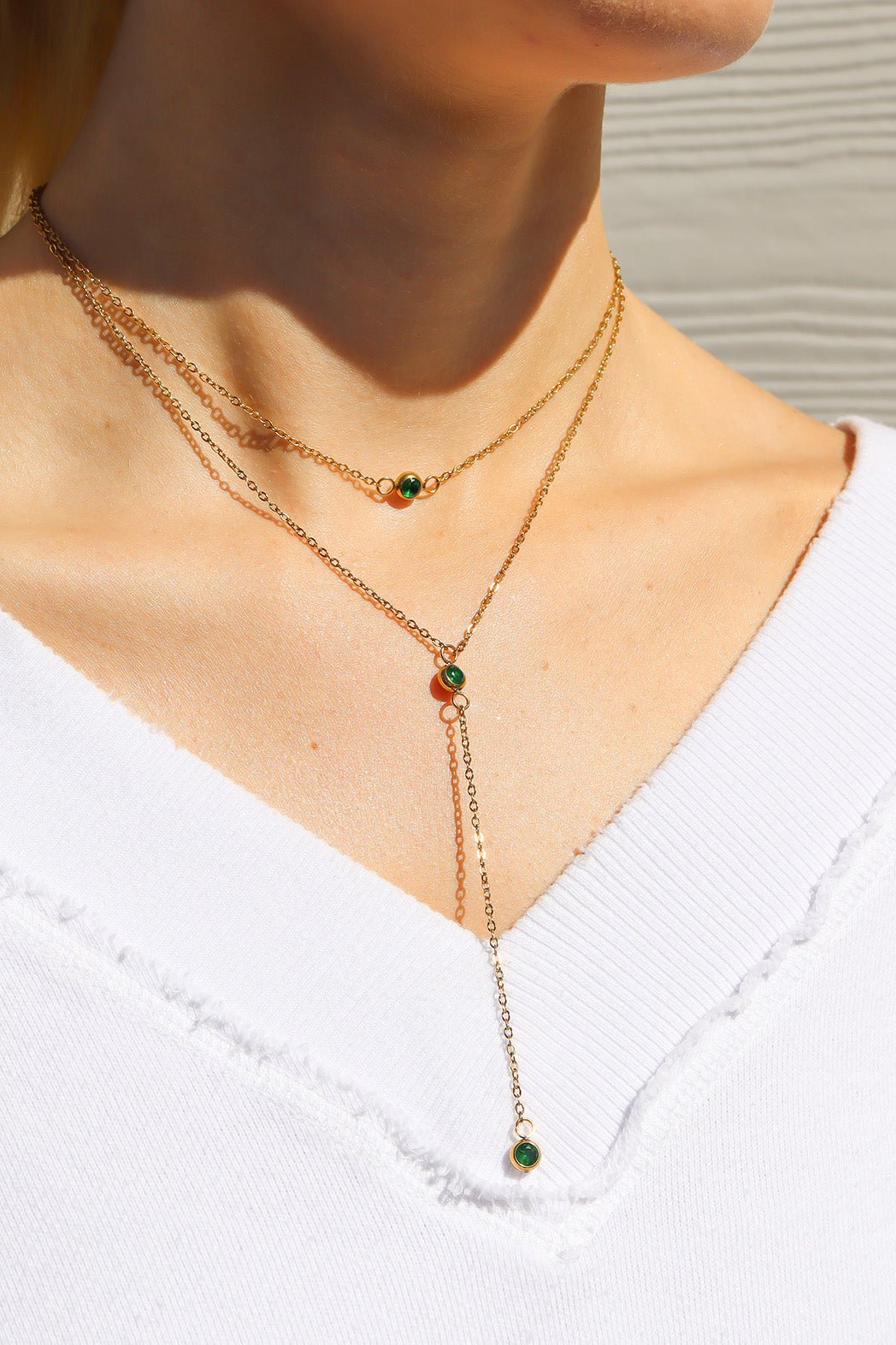 18K Gold Lariat Necklace – PVD Stainless Steel Emerald Stone Pendant, Hypoallergenic - Necklaces | Sunflower Soul Boutique