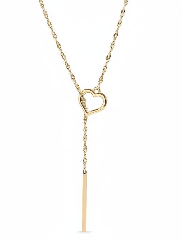 18K Gold Lariat Necklace – Stainless Steel Heart Pendant with Drop Bar Chain - Necklaces | Sunflower Soul Boutique