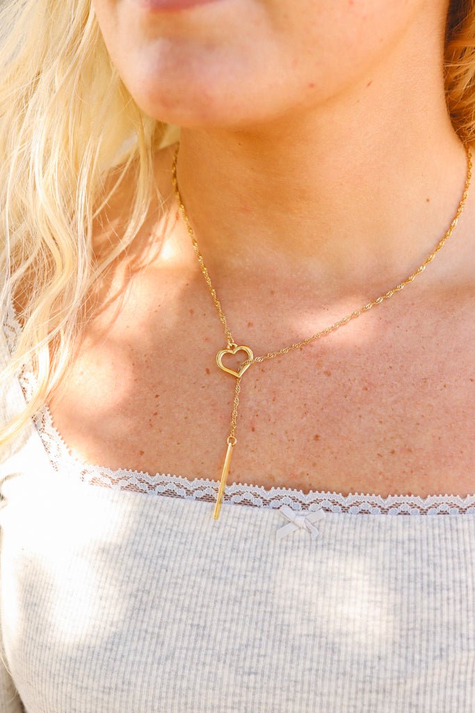 18K Gold Lariat Necklace – Stainless Steel Heart Pendant with Drop Bar Chain - Necklaces | Sunflower Soul Boutique
