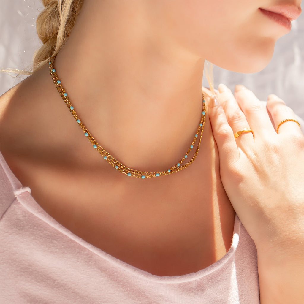18K Gold Necklace – Turquoise Bead Chain | Boho Style Jewelry, Stainless Steel - Necklaces | Sunflower Soul Boutique