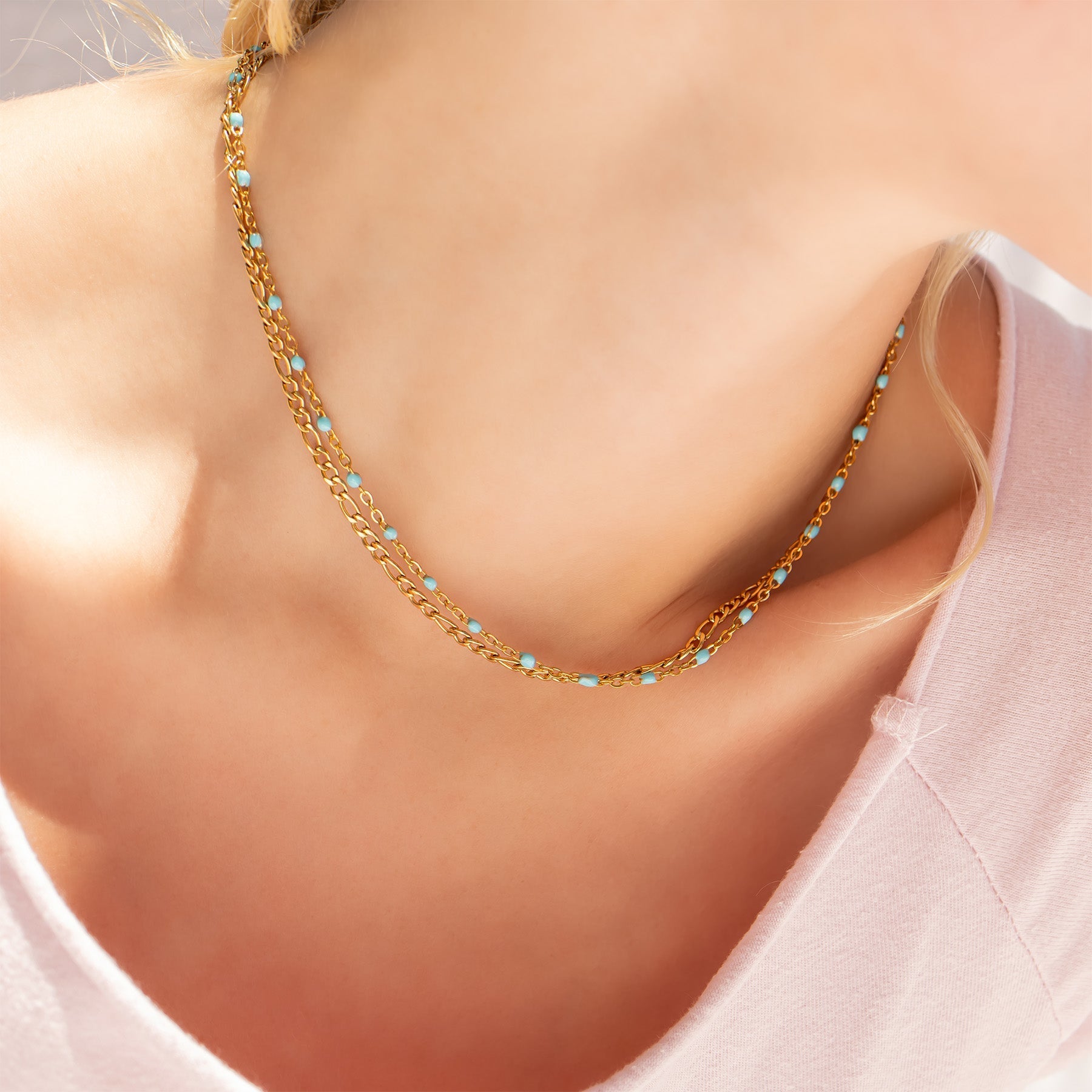 18K Gold Necklace – Turquoise Bead Chain | Boho Style Jewelry, Stainless Steel - Necklaces | Sunflower Soul Boutique