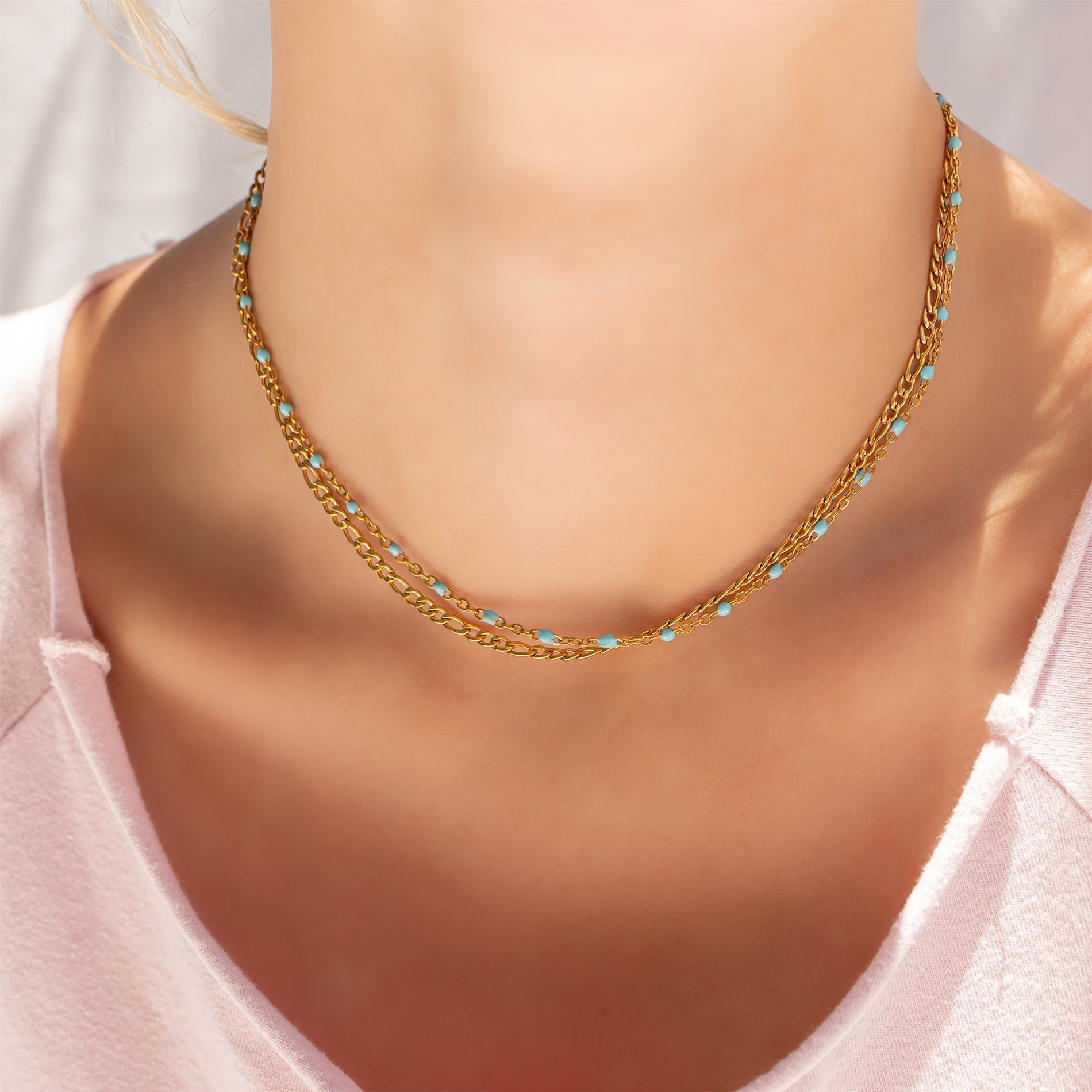 18K Gold Necklace – Turquoise Bead Chain | Boho Style Jewelry, Stainless Steel - Necklaces | Sunflower Soul Boutique
