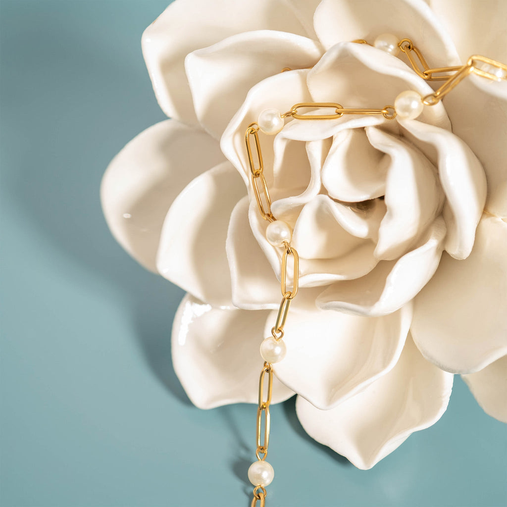 18K Gold Pearl Bracelet – Elegant Paperclip Chain | Hypoallergenic Jewelry - Bracelets | Sunflower Soul Boutique