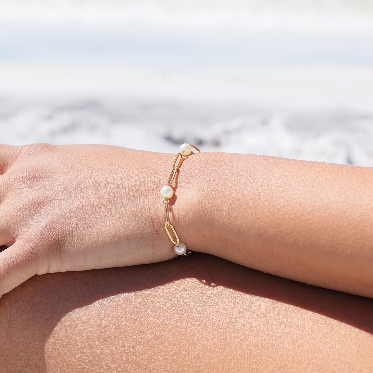 18K Gold Pearl Bracelet – Elegant Paperclip Chain | Hypoallergenic Jewelry - Bracelets | Sunflower Soul Boutique