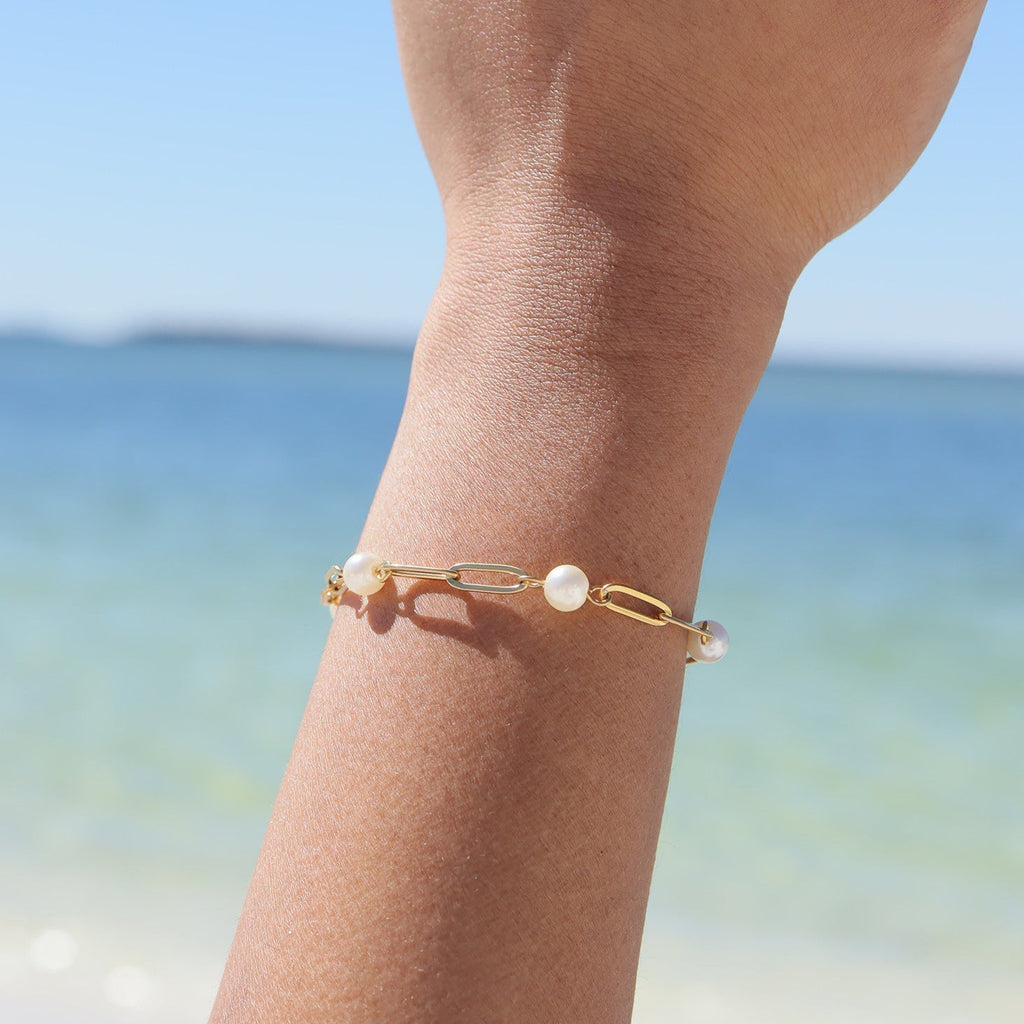 18K Gold Pearl Bracelet – Elegant Paperclip Chain | Hypoallergenic Jewelry - Bracelets | Sunflower Soul Boutique