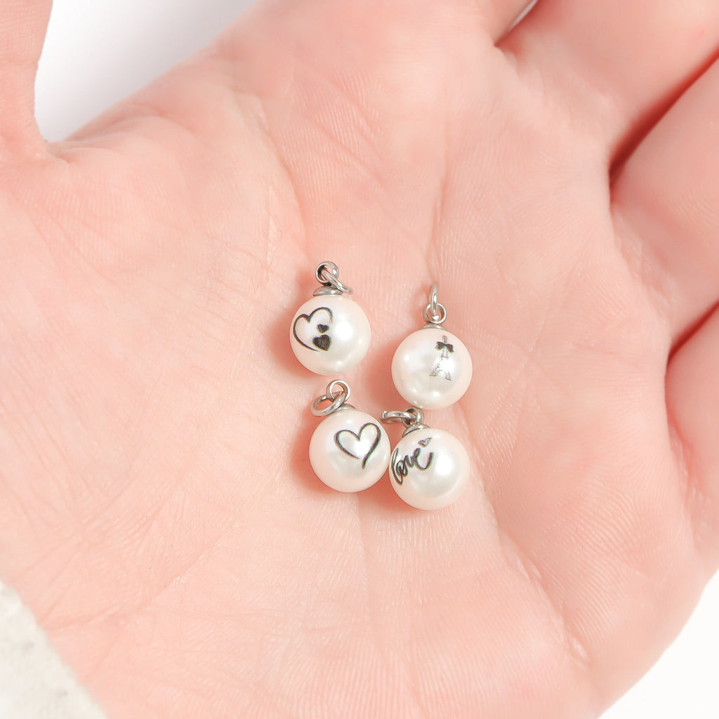 18K Gold Pearl Charm – Engraved Love Pendant | Stainless Steel 8mm Accessory - charm | Sunflower Soul Boutique