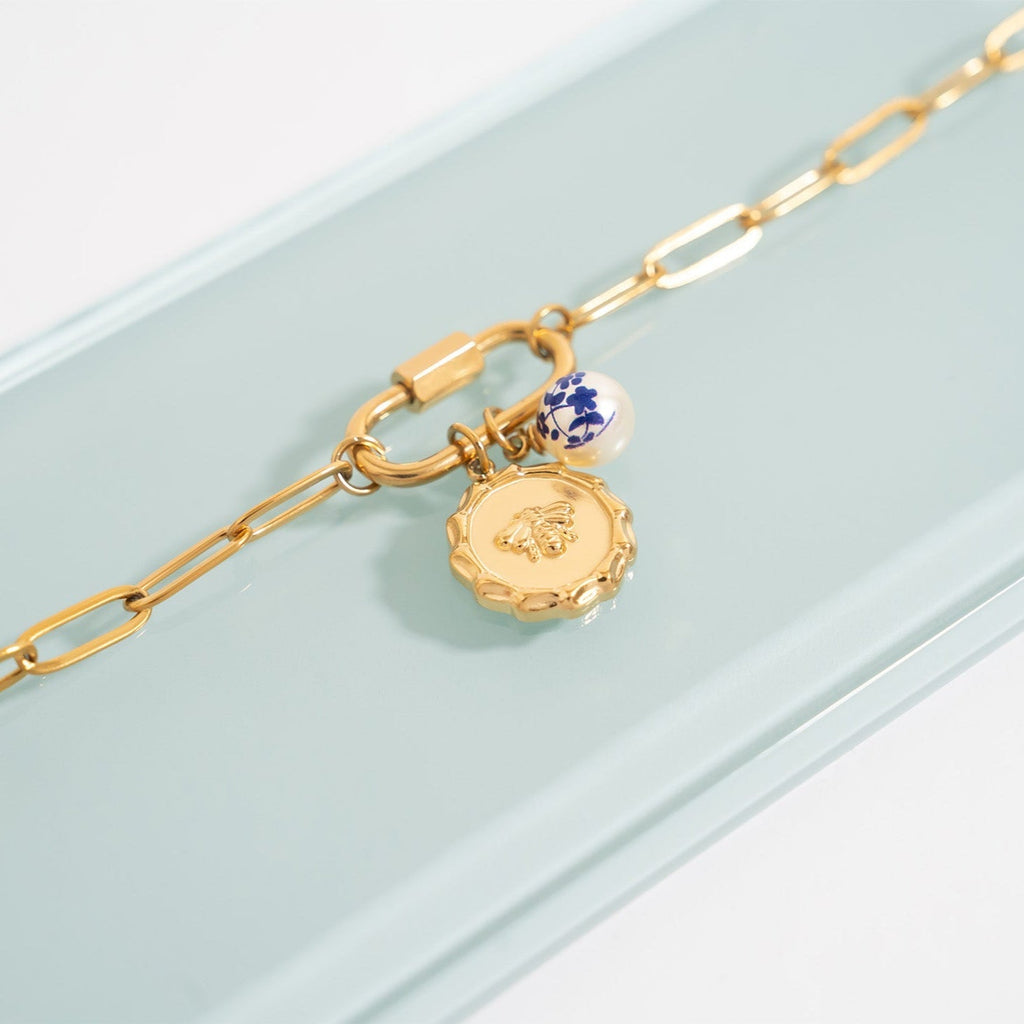 18K Gold Pearl Charm – Floral Printed Pearl Stainless Steel Charm, PVD Coated Jewelry - charm | Sunflower Soul Boutique