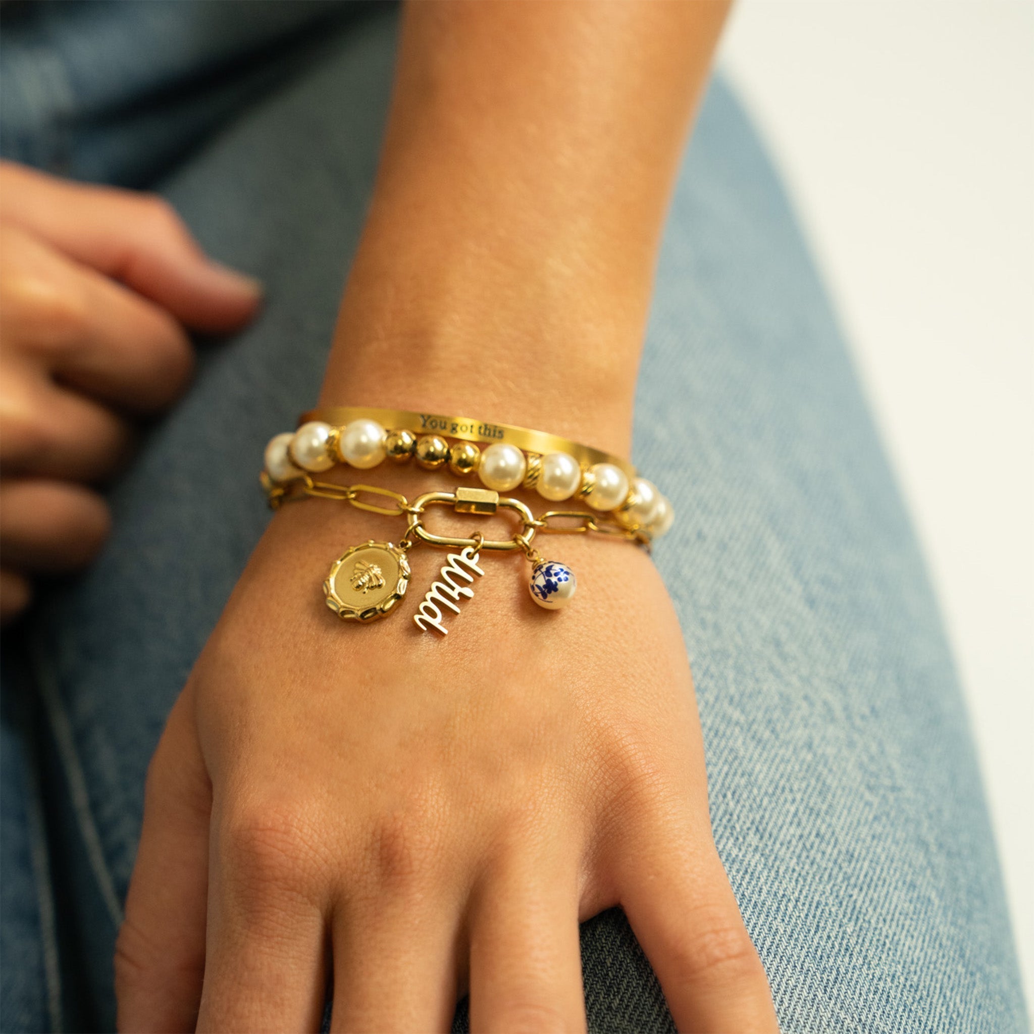 18K Gold Pearl Charm – Floral Printed Pearl Stainless Steel Charm, PVD Coated Jewelry - charm | Sunflower Soul Boutique