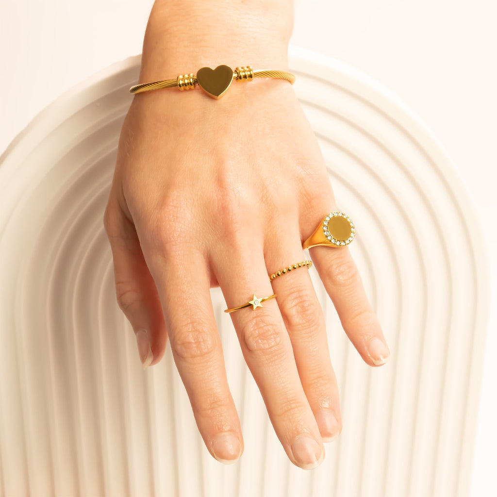 18K Gold Signet Ring – Personalized Engraved Stainless Steel Ring with Stones - Rings | Sunflower Soul Boutique