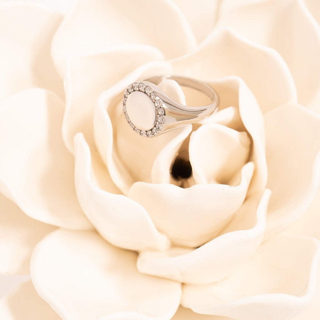 18K Gold Signet Ring – Personalized Engraved Stainless Steel Ring with Stones - Rings | Sunflower Soul Boutique